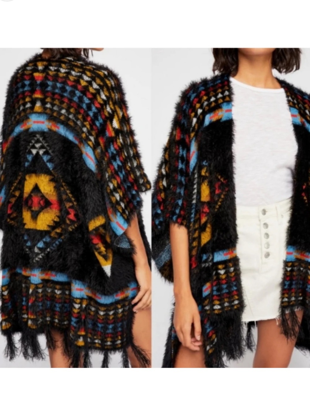 Free People Southwestern Fringe Poncho Cardigan Cozy Aztec Boho Kimono OS